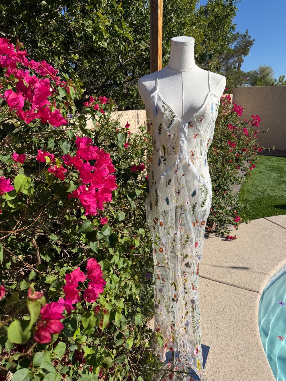 Cottagecore White Sheer Maxi Slip Dress with Floral Embroidery